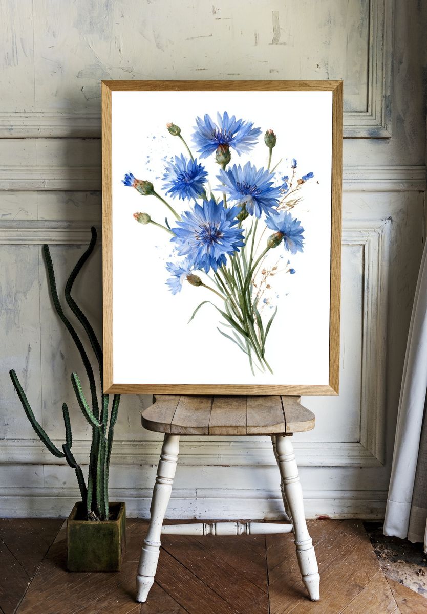 Blue Cornflower Bouquet Print. room preview