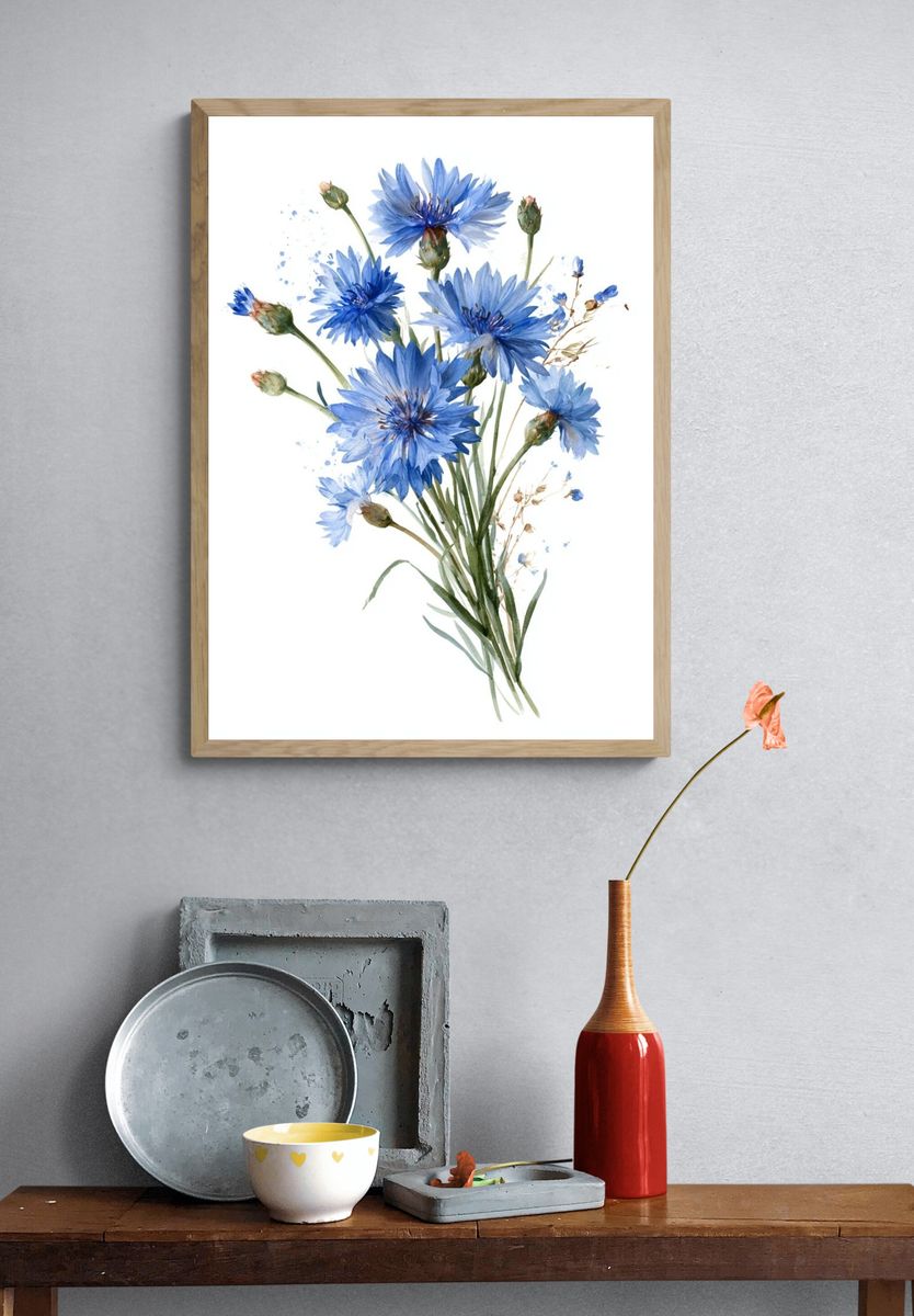 Blue Cornflower Bouquet Print. — room view 3