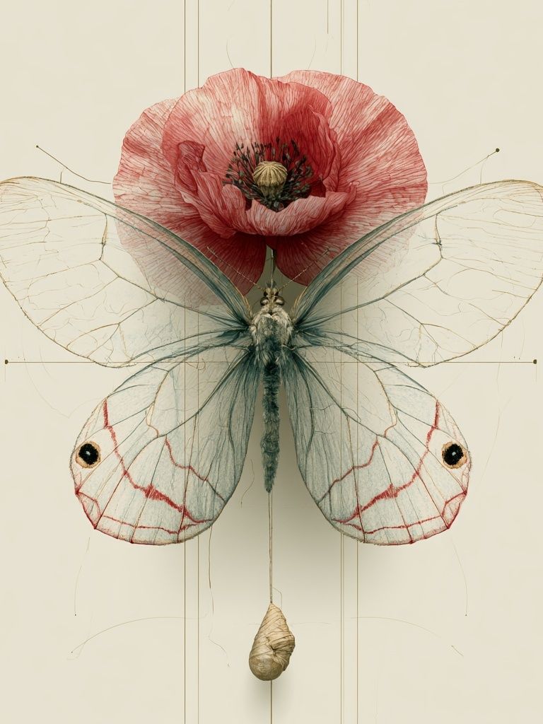 Butterfly and Poppy Botanical Print. poster detail