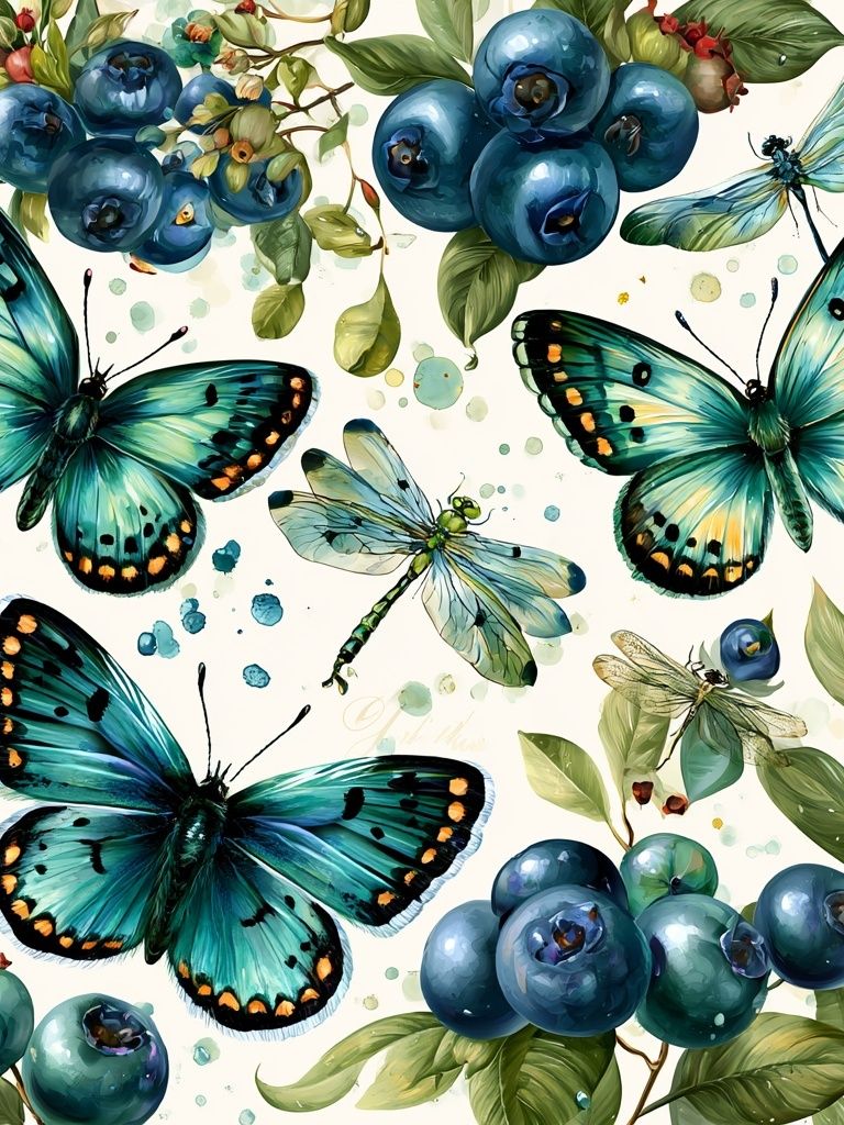 Butterflies and Blueberries Watercolor Print. poster — botanical art