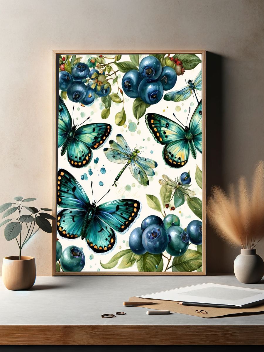 Butterflies and Blueberries Watercolor Print. — room view 2