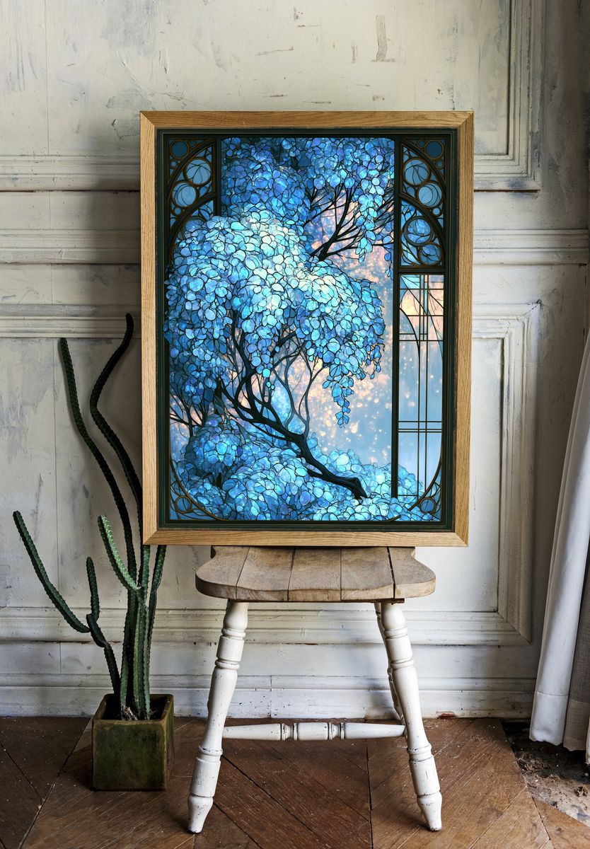Blue Blossom Tree Stained Glass Poster. — room view 1