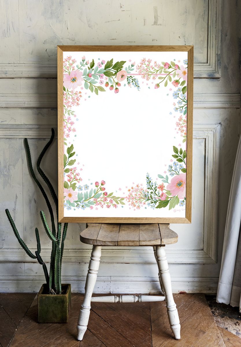 Pastel Floral Border Botanical Print. room preview