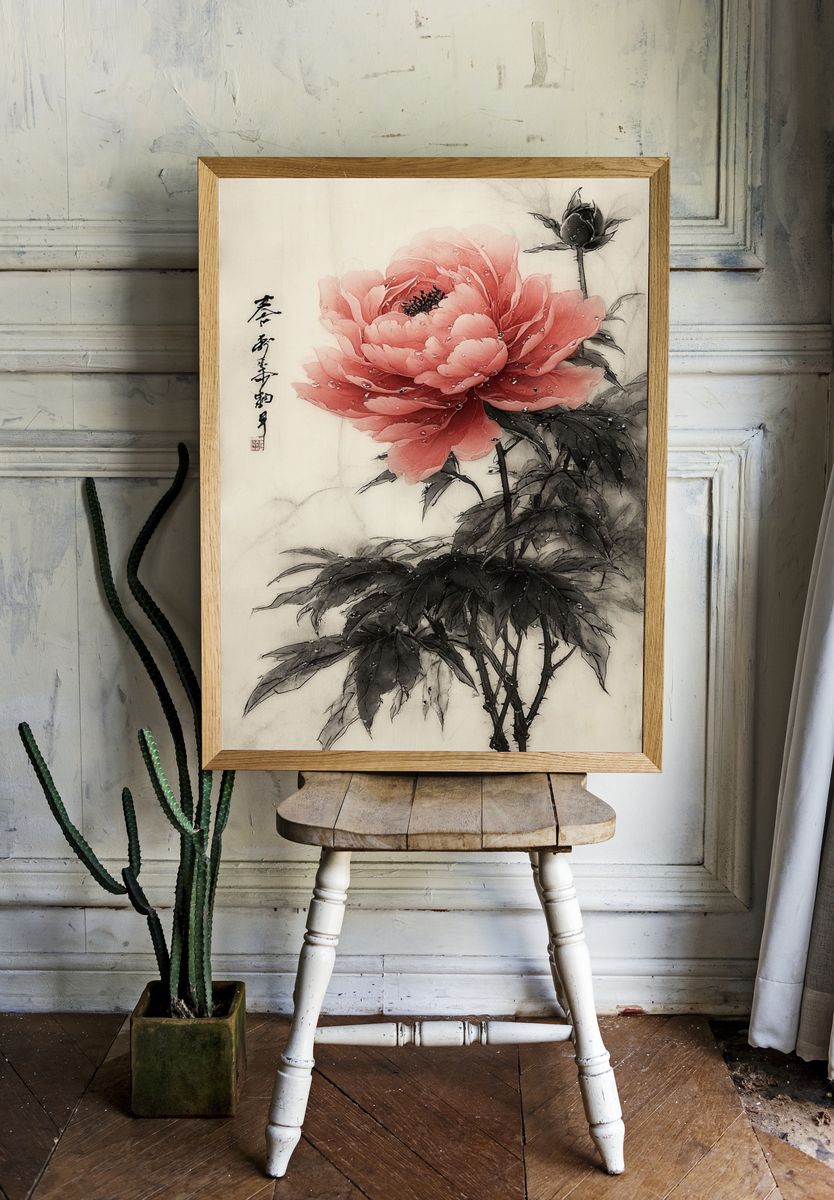 Pink Peony Ink Wash Poster. room preview