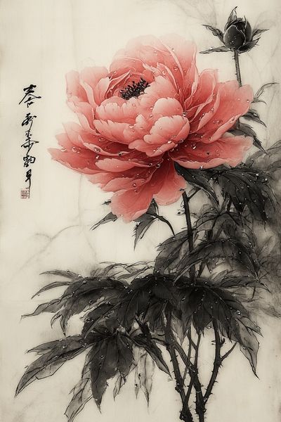 Pink Peony Ink Wash Poster. poster print