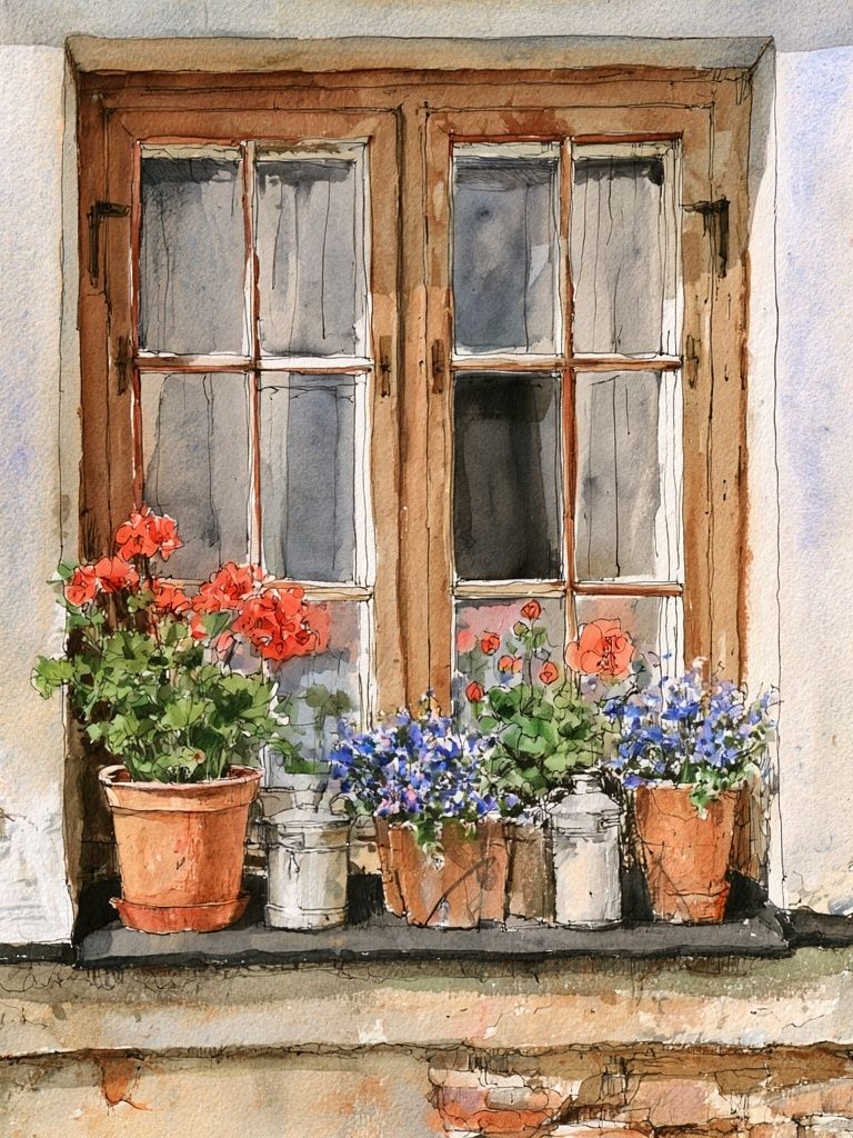 Flower Window Watercolor Print. poster detail