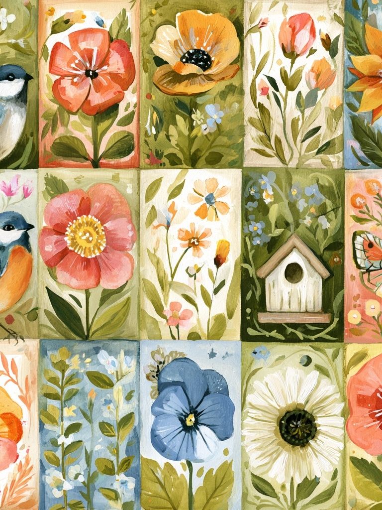 Botanical Birds and Blooms Illustration Poster. poster detail