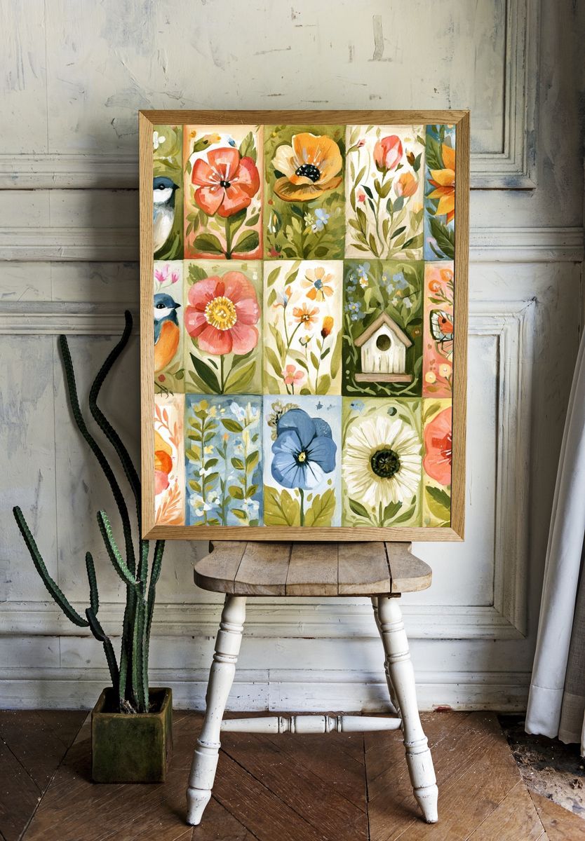Botanical Birds and Blooms Illustration Poster. room preview