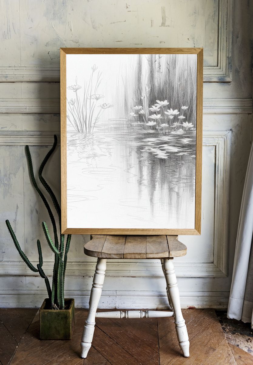 Lotus Pond Sketch Print. — room view 1
