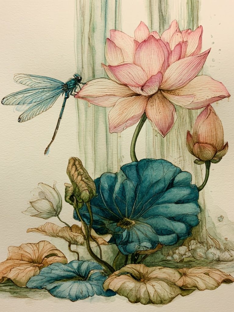 Lotus and Dragonfly Watercolor Print. poster — botanical art