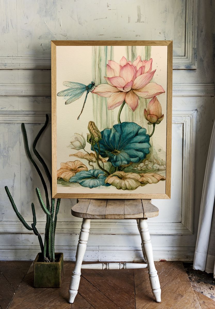 Lotus and Dragonfly Watercolor Print. room preview