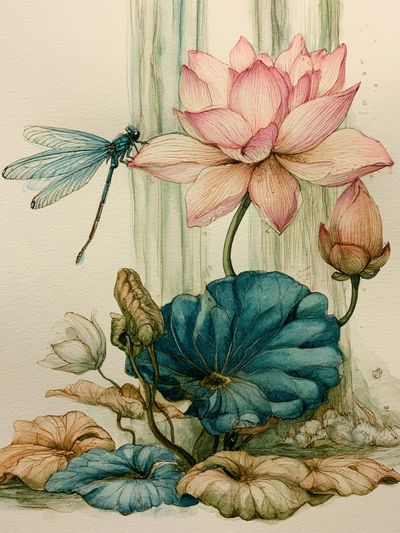 Lotus and Dragonfly Watercolor Print. poster