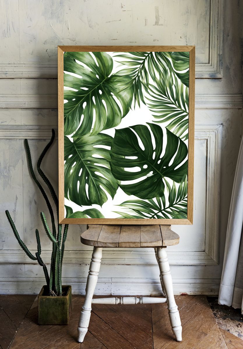 Tropical Monstera Leaves Print. — room view 1