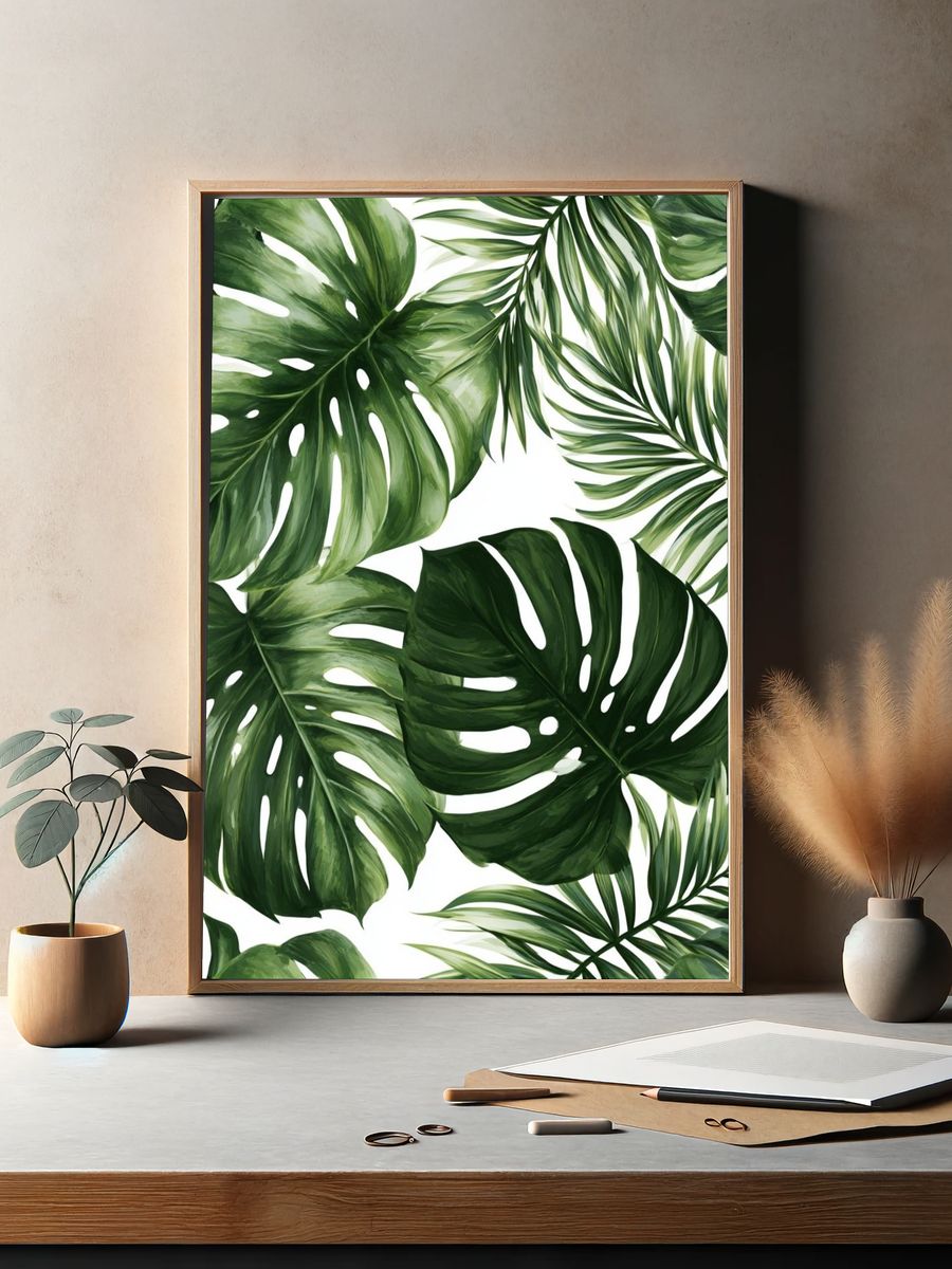 Tropical Monstera Leaves Print. — room view 2