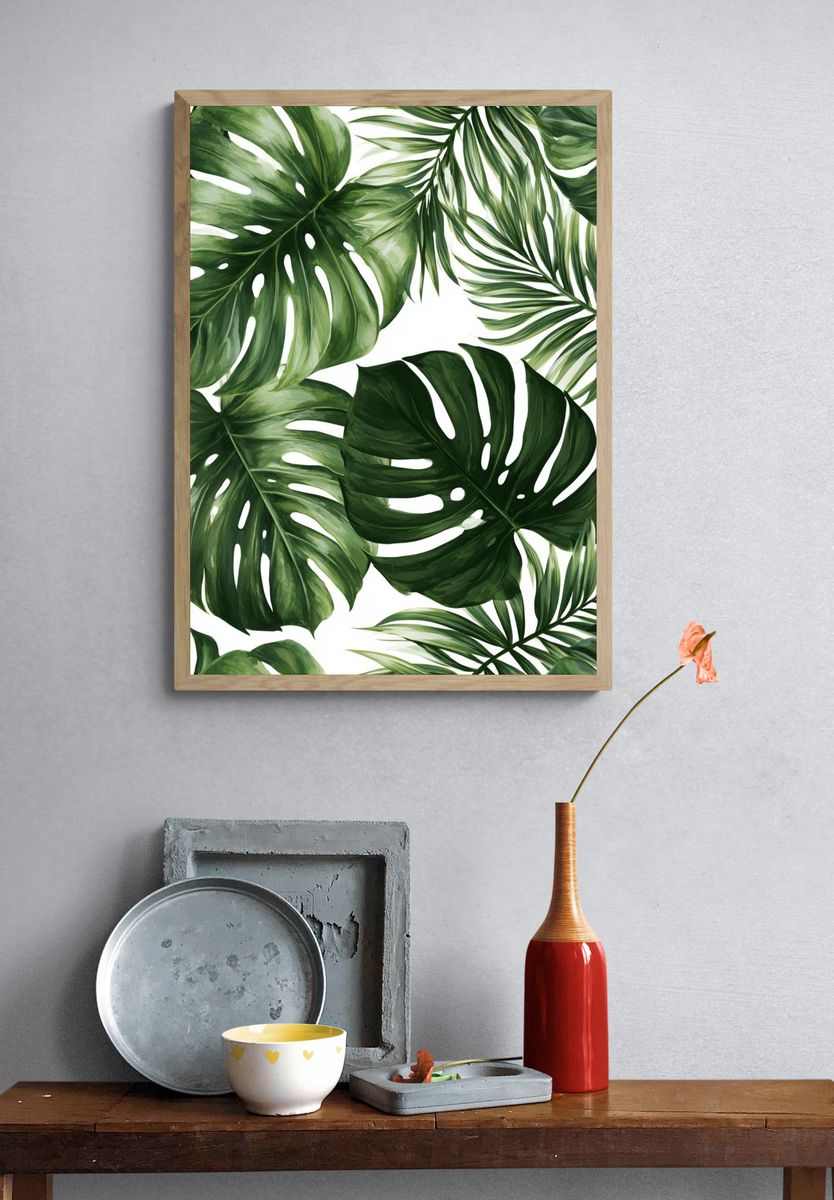 Tropical Monstera Leaves Print. — room view 3