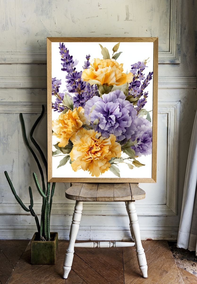 Lavender and Marigold Bouquet Watercolor Print. — room view 1