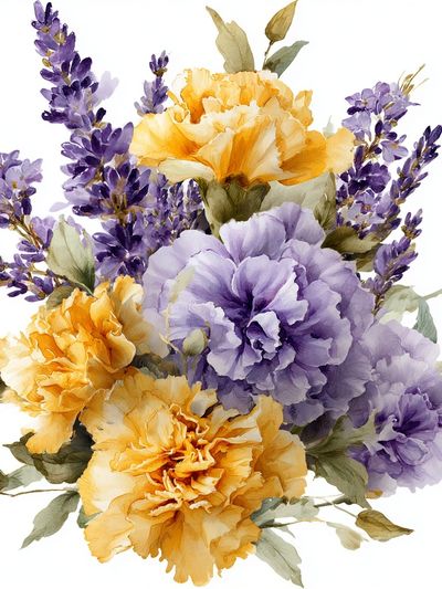 Lavender and Marigold Bouquet Watercolor Print. poster