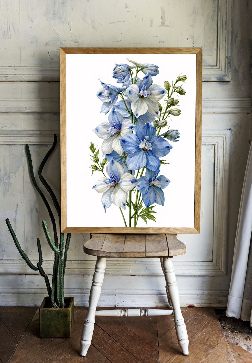 Blue Delphinium Botanical Print. — room view 1