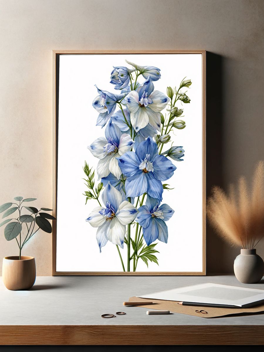 Blue Delphinium Botanical Print. — room view 2