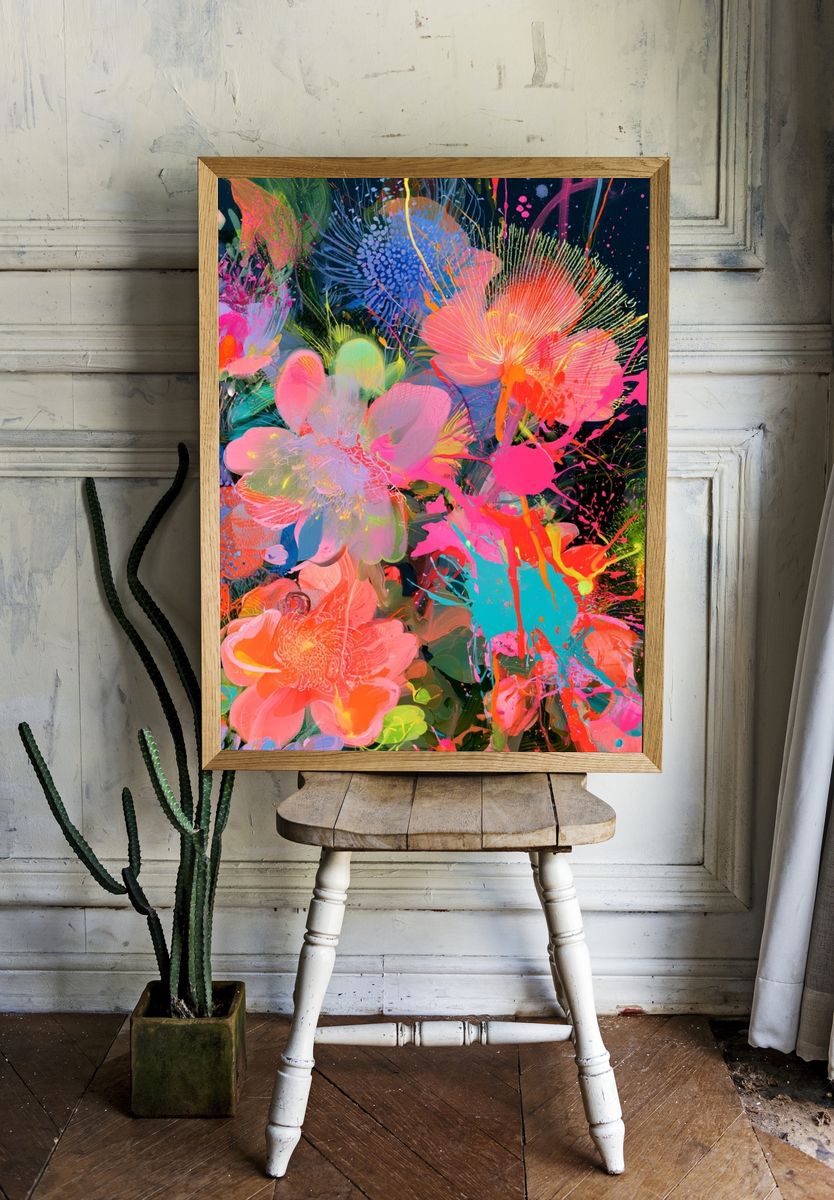 Neon Floral Burst Illustration Poster. — room view 1
