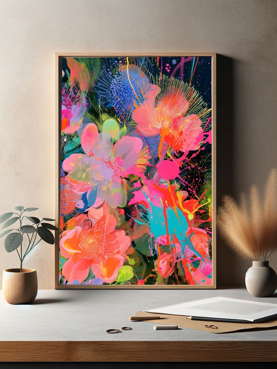 Neon Floral Burst Illustration Poster. — room view 2