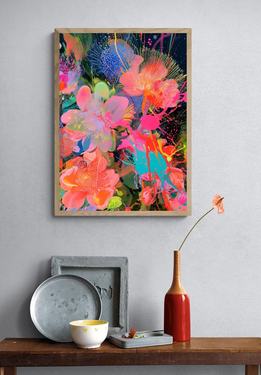 Neon Floral Burst Illustration Poster. — room view 3