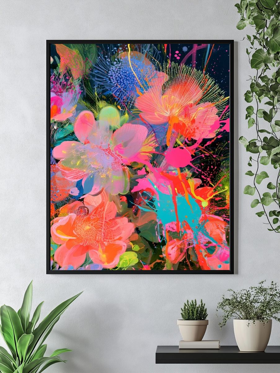 Neon Floral Burst Illustration Poster. — room view 4