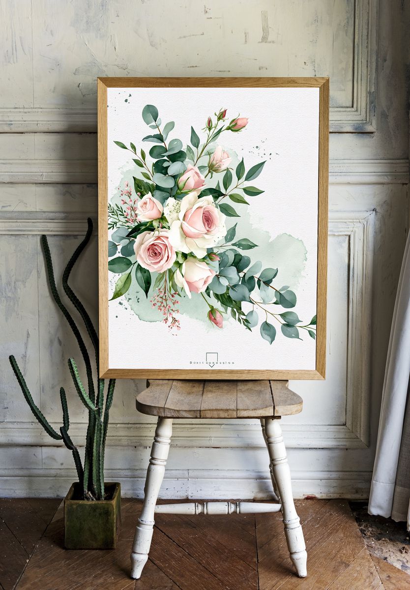 Blush Rose Bouquet Watercolor Print. room preview
