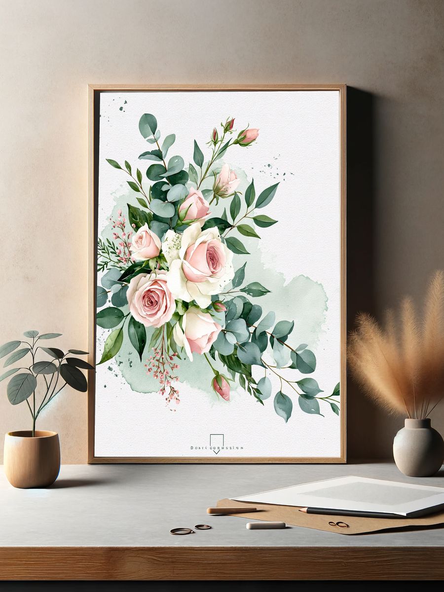 Blush Rose Bouquet Watercolor Print. — room view 2