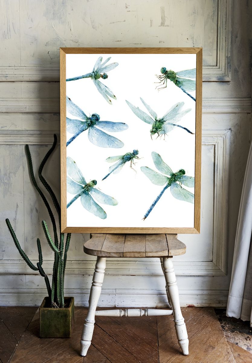Blue Dragonflies Watercolor Print. — room view 1
