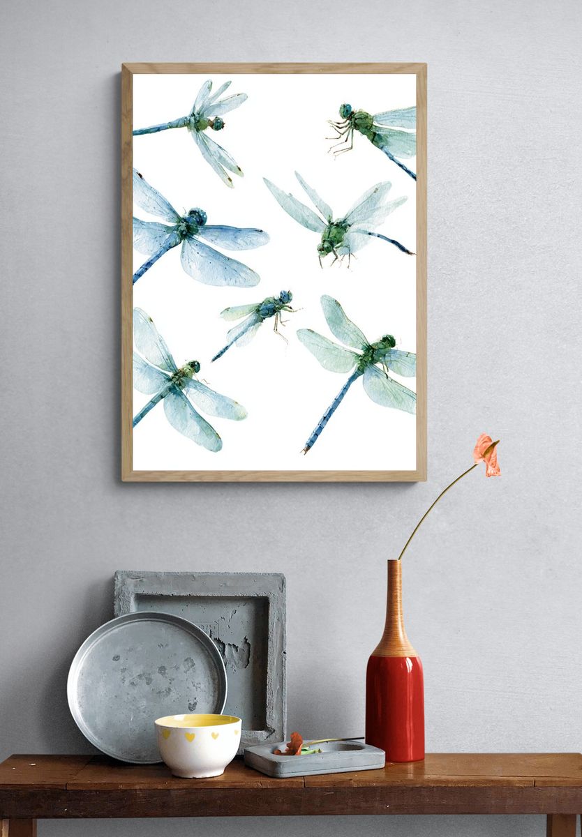 Blue Dragonflies Watercolor Print. — room view 3