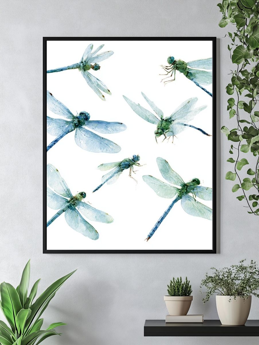 Blue Dragonflies Watercolor Print. — room view 4