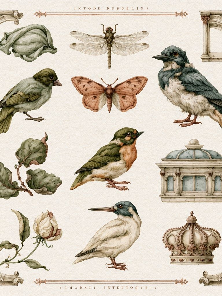 Vintage Birds and Botanicals Print. poster detail