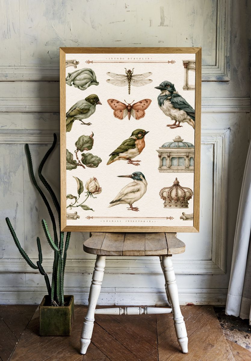 Vintage Birds and Botanicals Print. — room view 1