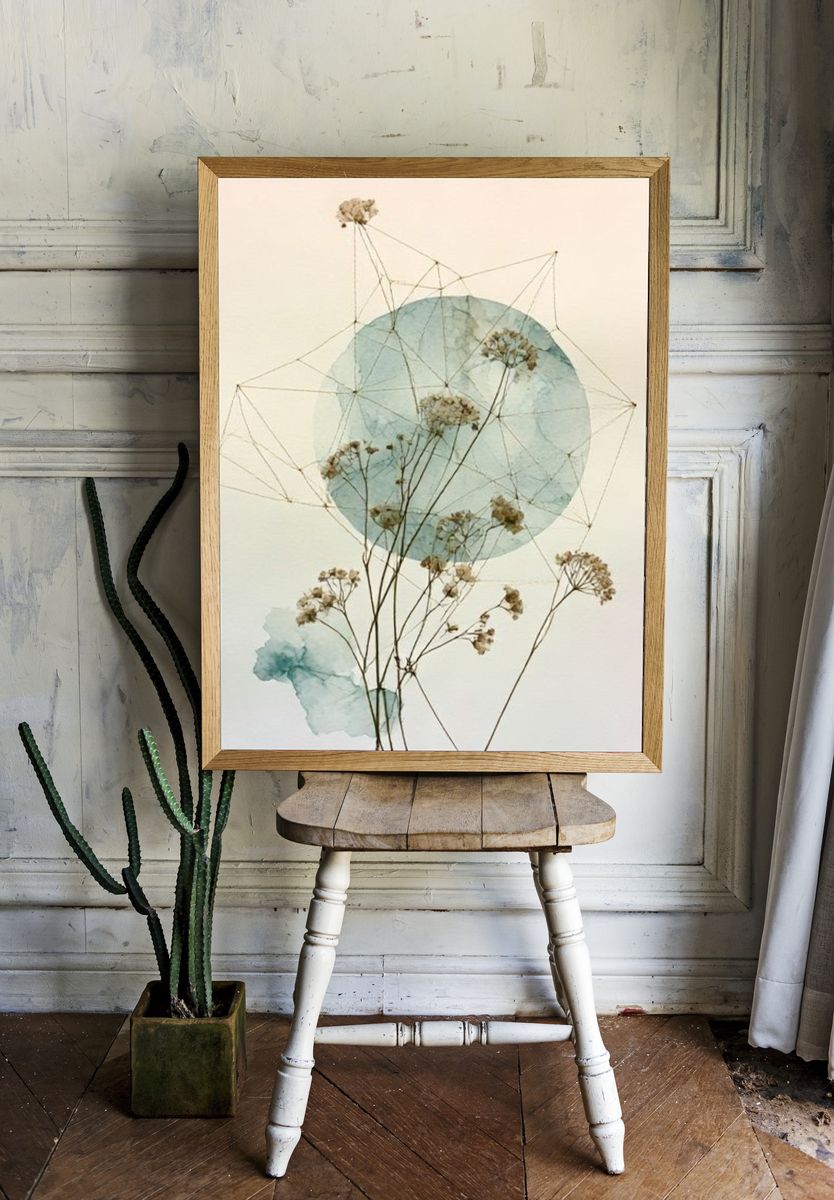 Pressed Flowers Geometric Watercolor Print. — room view 1