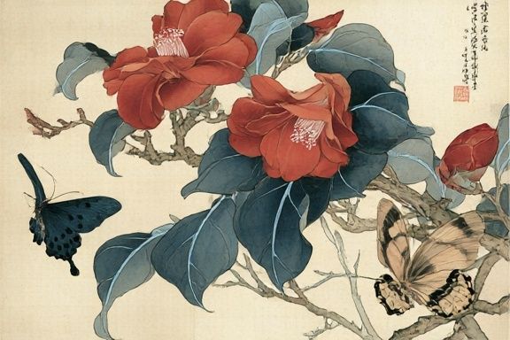 Camellia and Butterflies Botanical Print. poster detail