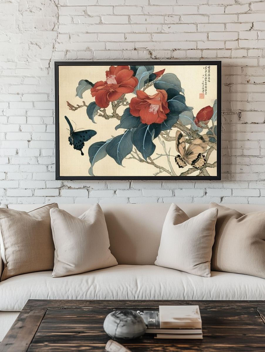 Camellia and Butterflies Botanical Print. — room view 1