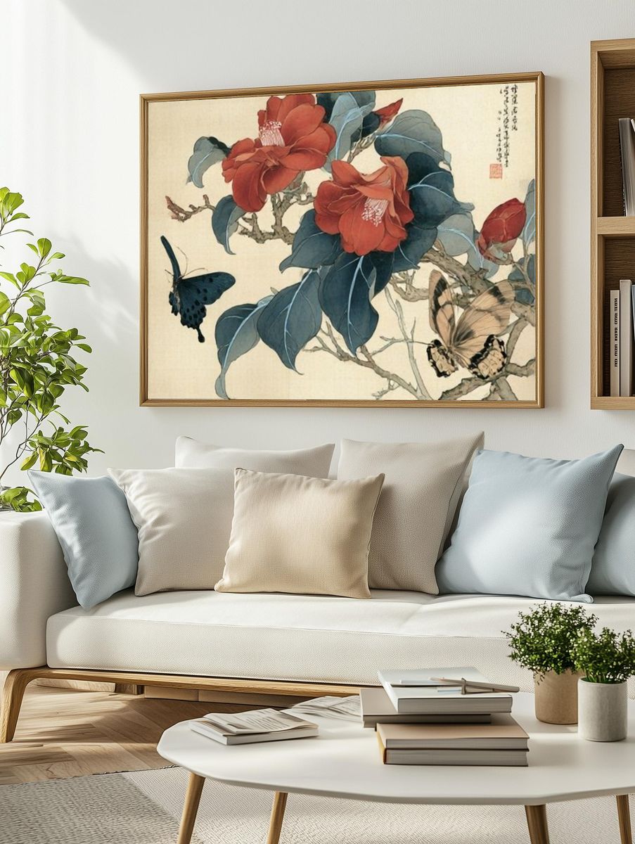 Camellia and Butterflies Botanical Print. — room view 2