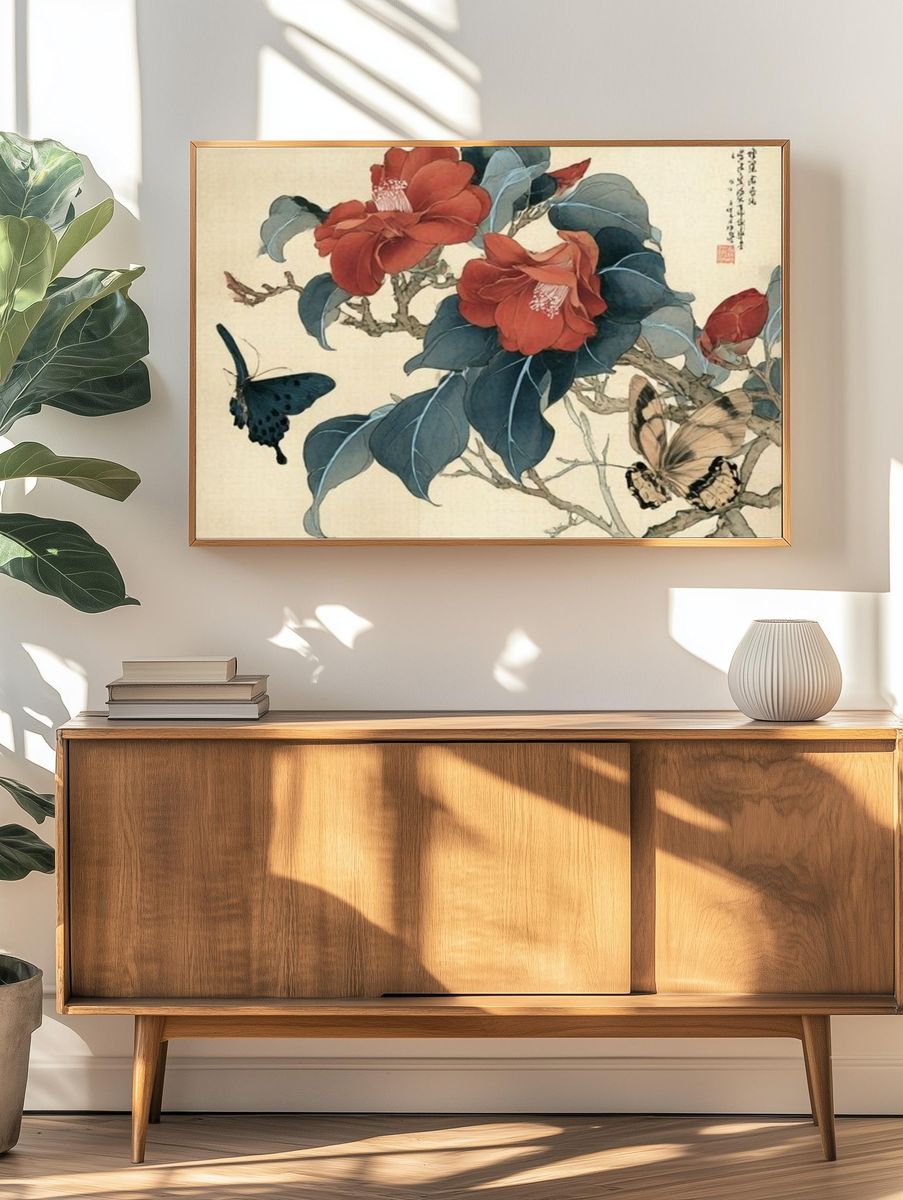 Camellia and Butterflies Botanical Print. — room view 3
