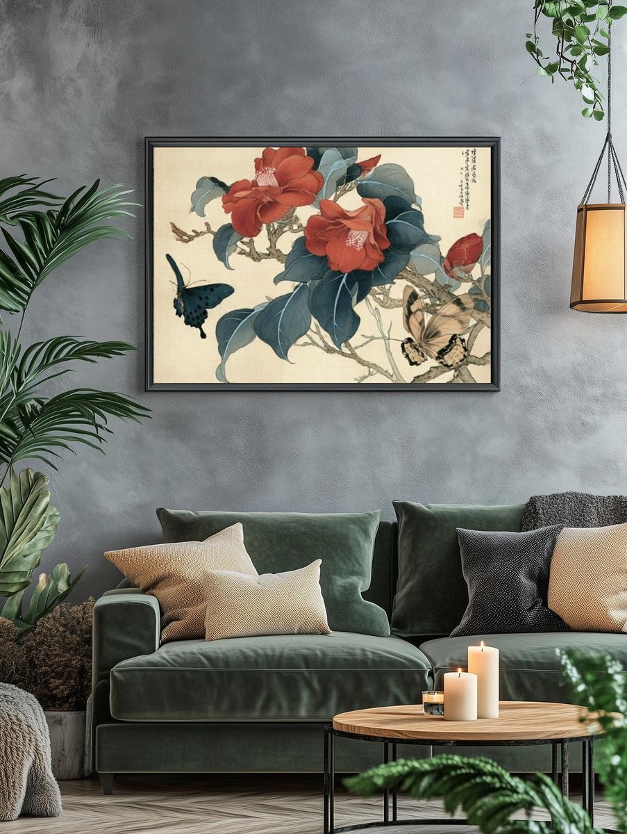 Camellia and Butterflies Botanical Print. — room view 4