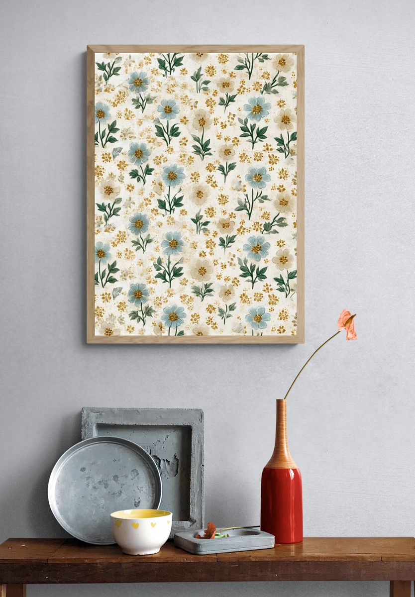 Blue Wildflower Pattern Print. — room view 3