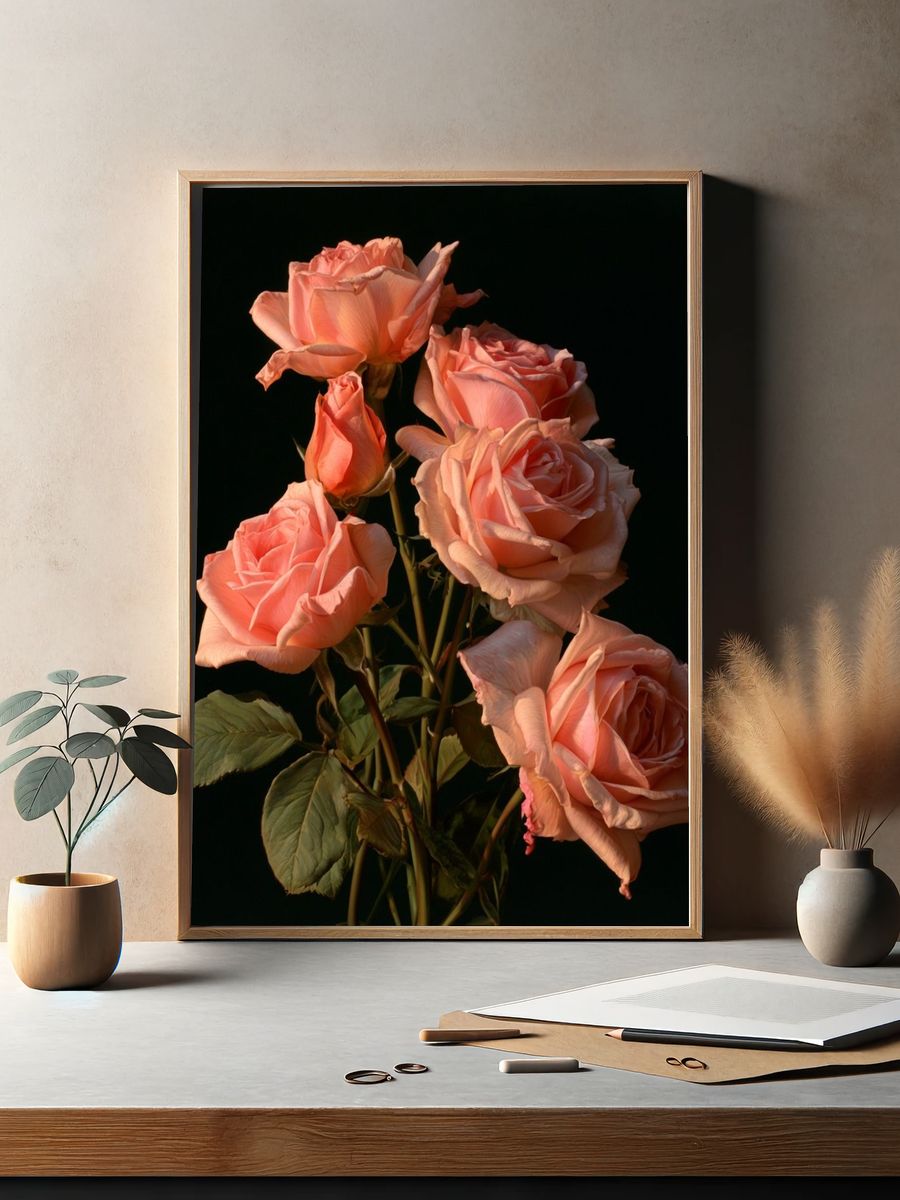 Peach Roses Botanical Print. — room view 2