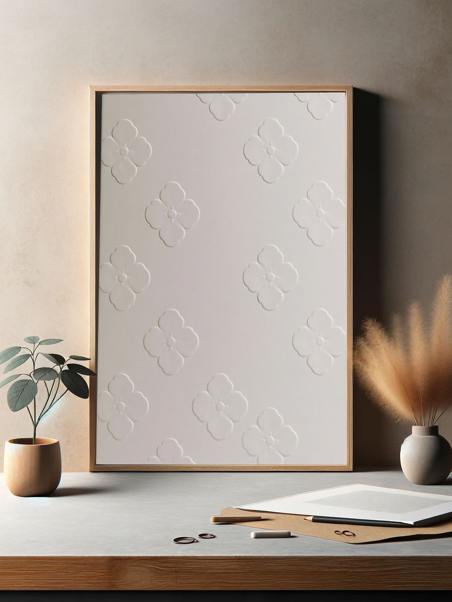 White Floral Embossed Pattern Print. — room view 2