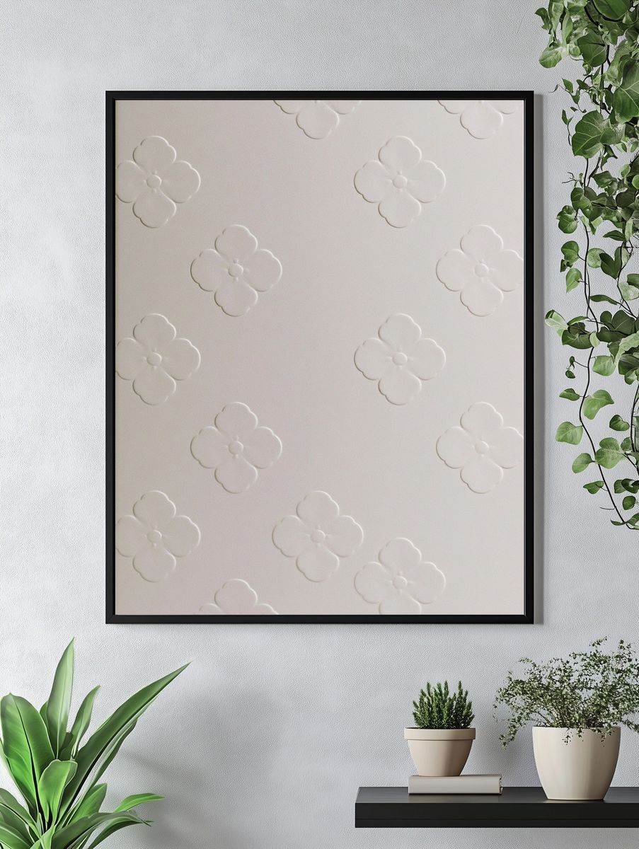 White Floral Embossed Pattern Print. — room view 4