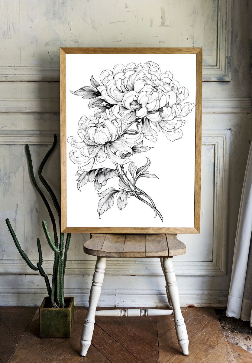 Peony Botanical Line Art Poster. — room view 1
