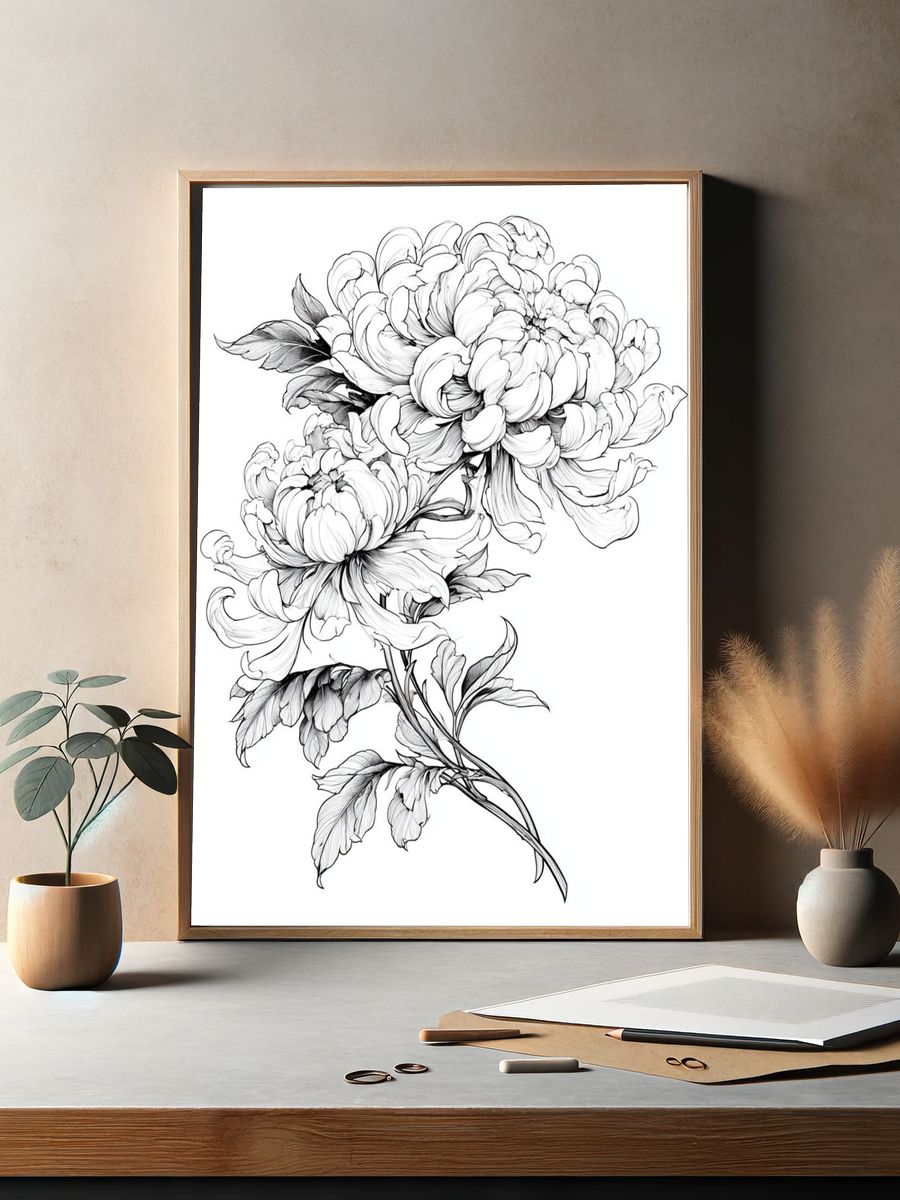 Peony Botanical Line Art Poster. — room view 2