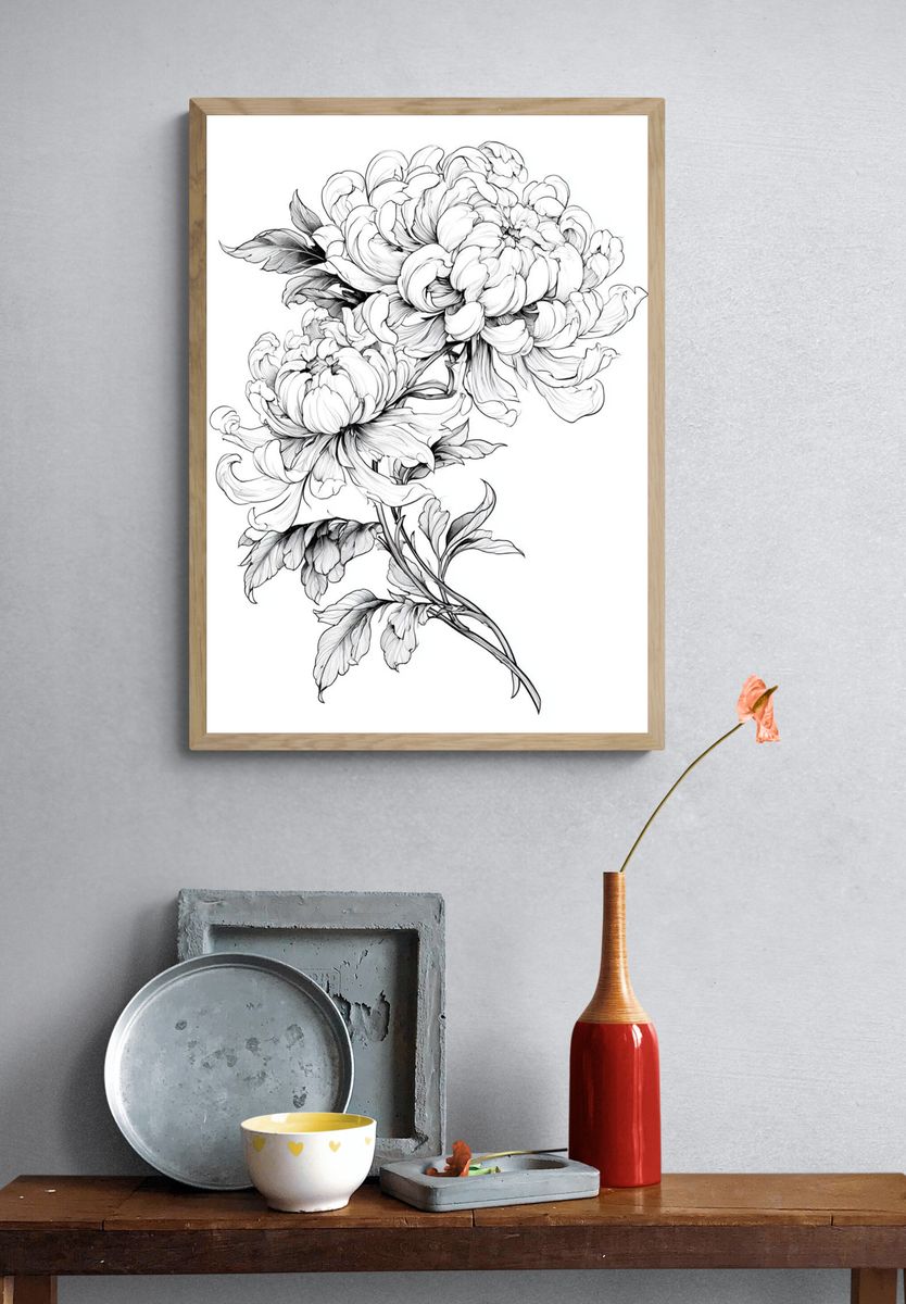 Peony Botanical Line Art Poster. — room view 3