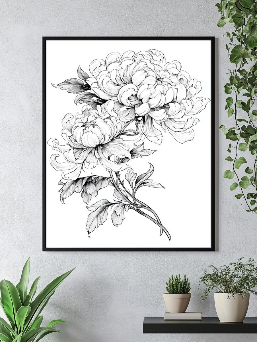 Peony Botanical Line Art Poster. — room view 4