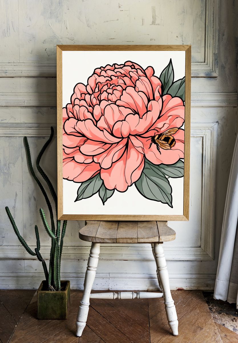 Peony Bee Botanical Print. room preview