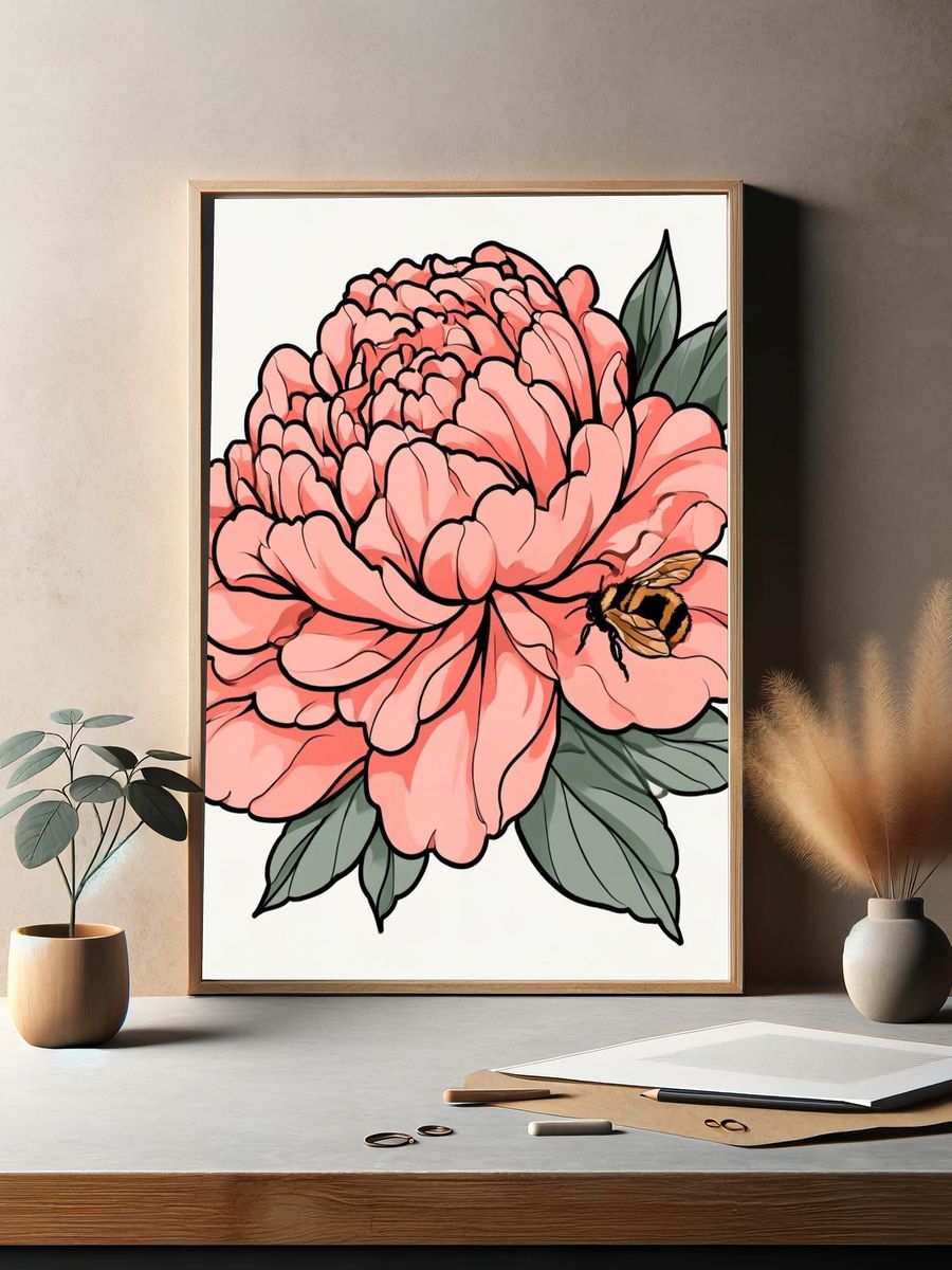 Peony Bee Botanical Print. — room view 2